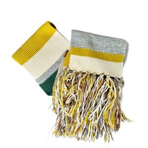 Pilcro Striped Knit Blanket Scarf Fringe Boho Chunky Mustard Green Cream Brown‎